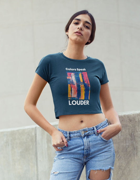 Embrace artistic elegance with the Womanitee Women's Abstract Art Inspired Crop Top. The mesmerizing abstract art design in vibrant colors on this navy blue crop top is a true embodiment of creativity. Shop now for women's graphic t-shirts online in India at Womanitee and make a fashion statement that celebrates your unique palette.